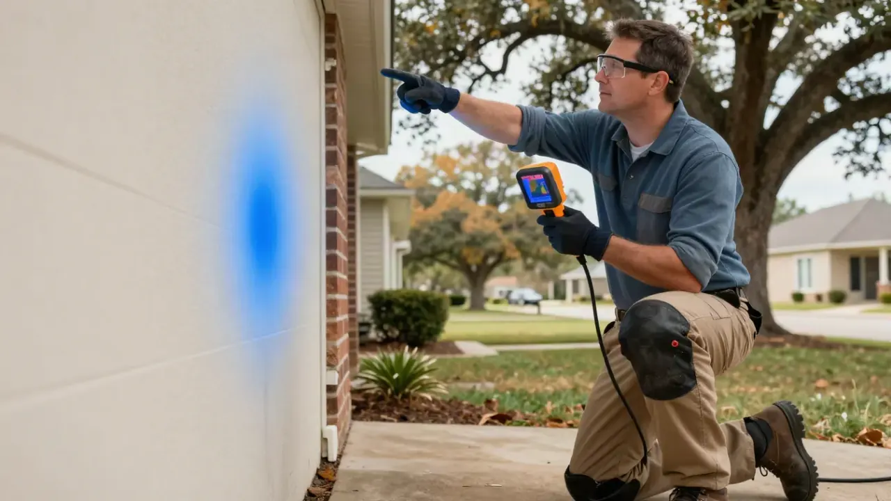 Leak Detection in Spring, Texas: leak detection specialist pointing to a distinct bright blue thermal anomaly on the screen