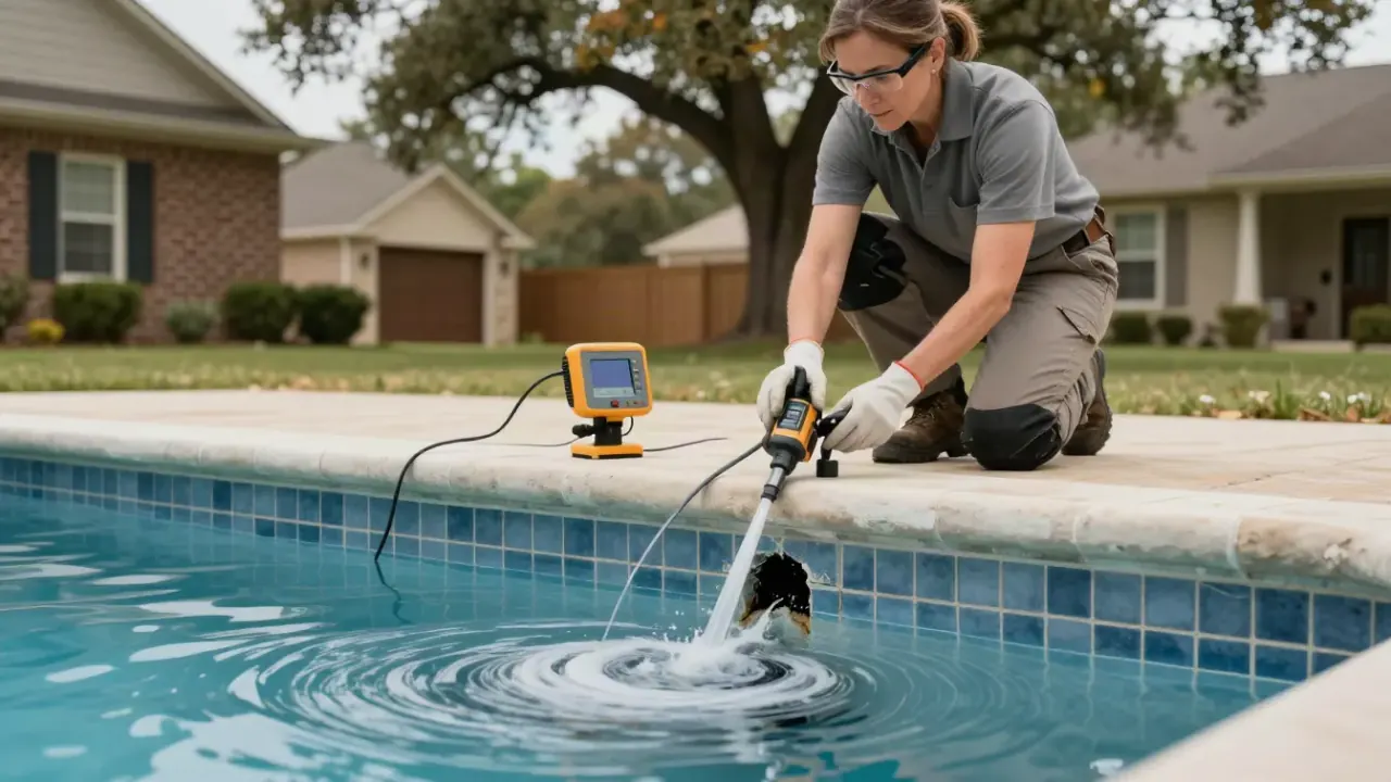 Leak Detection in Spring, Texas: close-up of dye swirling around a small crack at the bottom of a tiled swimming pool