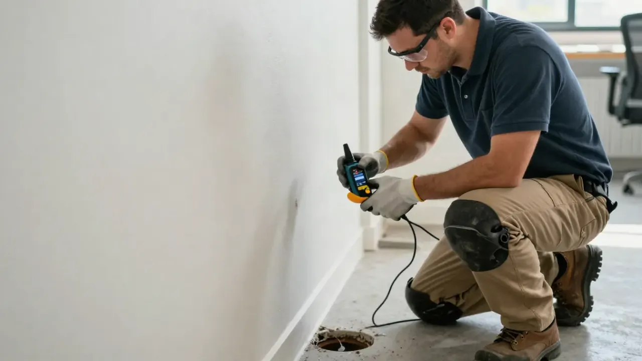 Commercial Plumbing Leak Location in Spring, Texas: leak detection specialist examining a damp section of an interior wall