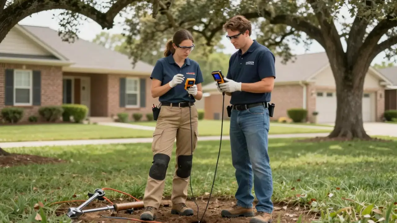 Leak Detection in Spring, Texas: Two leak detection specialists collaborating, one holding a ground microphone while the