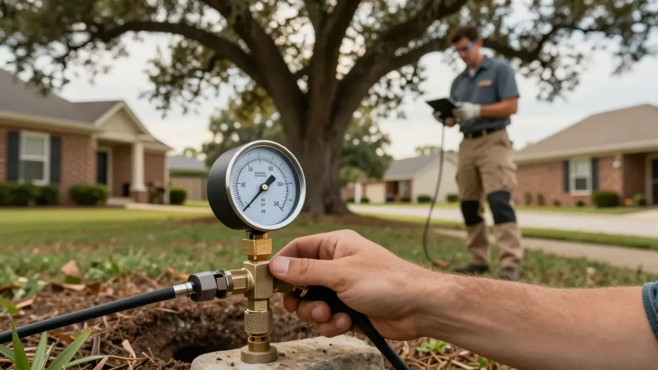 Leak Detection in Spring, Texas: close-up of a pressure gauge attached to an outdoor spigot, displaying the needle