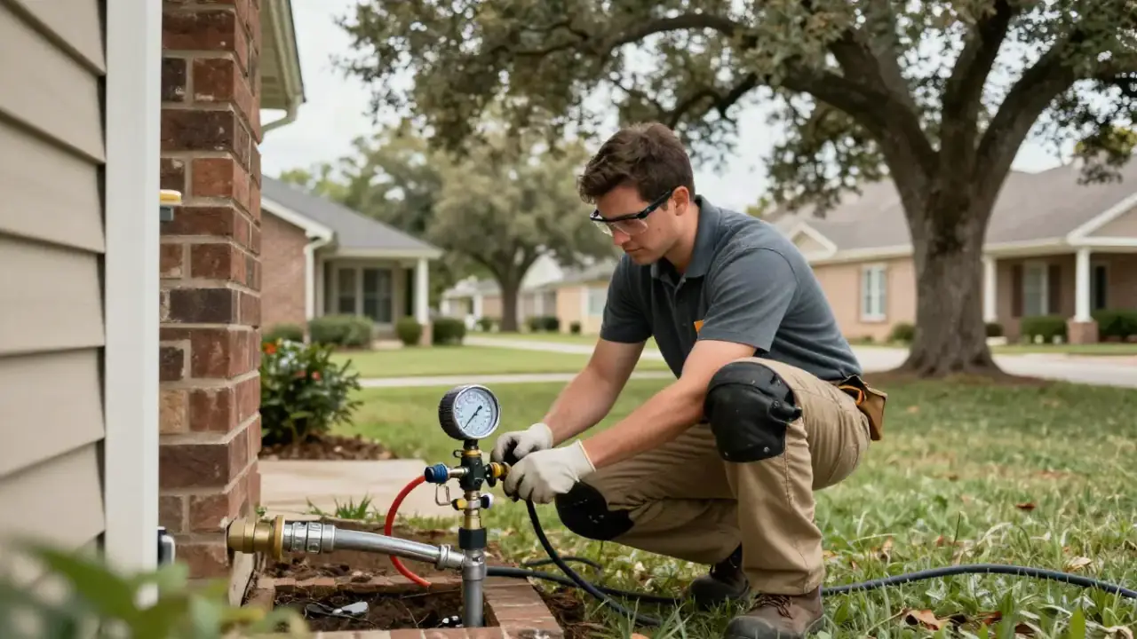 High Water Bill Investigation in Spring, Texas: leak detection specialist attaching a pressure gauge to an exterior hose bib