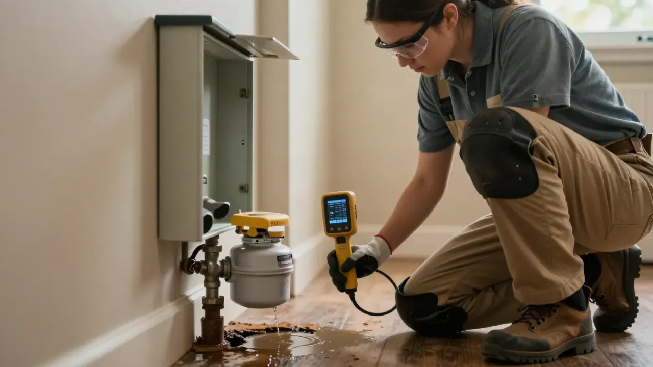 Water Meter Leak Diagnosis in Spring, Texas: leak detection specialist observing a small, consistent puddle of water